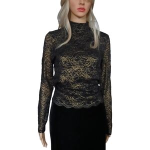 INC International Concepts Black and Gold Lace Blouse Size S NWT